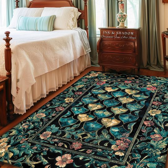 Discover Gothic Teal Dragon Scale Area Rug | Ethereal Aesthetic Fairycore Elegance Home Accent Rug Mystic Storybook Dark Academia Bedroom Moody Decor