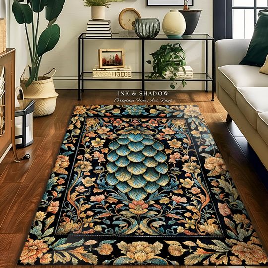 Discover Elegant Botanical Mystic Accent Rug | Whimsical Ornate Dragon Scale Area Rug Fairytale Medieval Decorative Fairycore Fantasy Bedroom Decor |