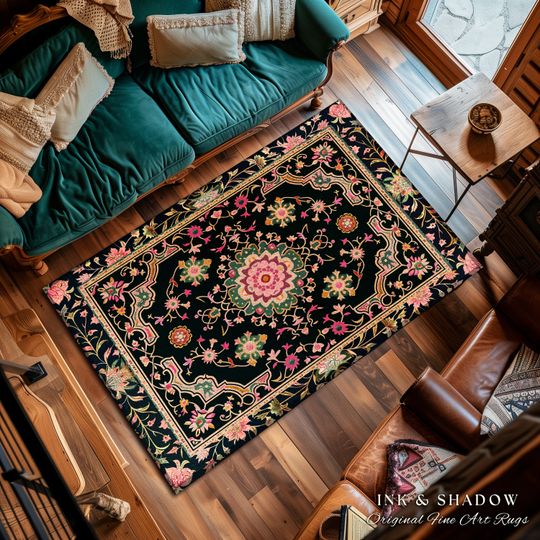 Discover Pink Persian Mosaic Floral Rug Turkish Floral Dark Cottagecore Aesthetic Rug Common Room Home Decor Housewarming Gift Floral Bedroom Mat