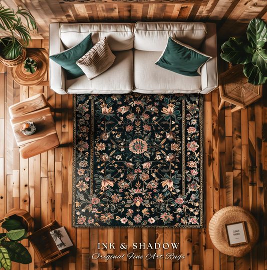 Enchanted Garden Floral Folk Art Rug, Romantic Dark Cottagecore Decor Victorian Aesthetic Fairytale Bedroom Art Accent Whimsical Rustic Home