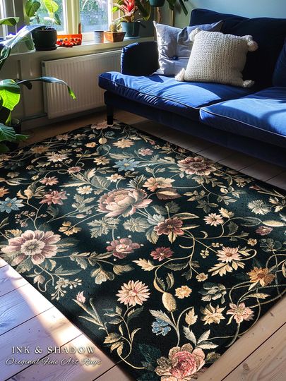 Discover Dark Victorian Aesthetic Rug | Ethereal Gothic Livingroom Decor Ornate Home Decor Whimsical Crowcore Rug Dark Academia Witchy Bedroom Floral