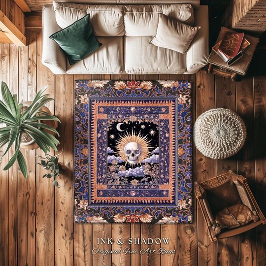 Macabre Witchy Pastel Skull Rug | Gothic Bedroom Skeleton Accent Spooky Aesthetic Dark Enchantment Baroque Whimsigoth Style Decor Celestial