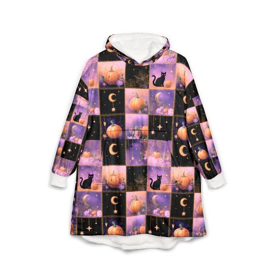 Discover Halloween Hooded Blanket: Black Cat, Pumpkin Fleece Wearable Blanket