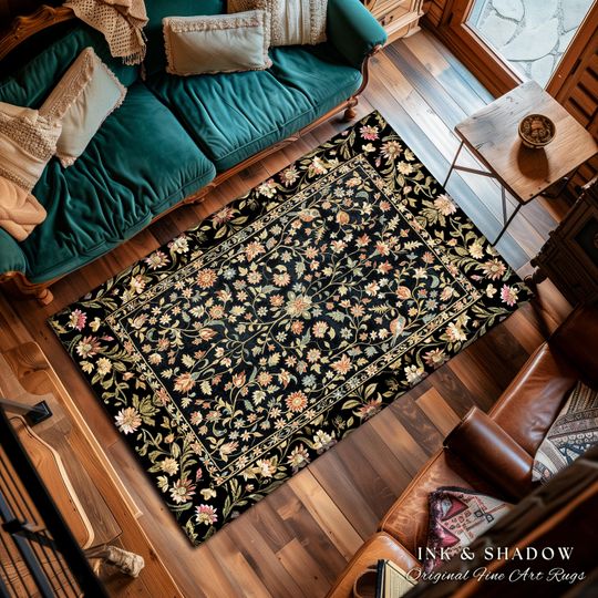 Discover Ornate Gothic Area Rug | Dark Wildflower Aesthetic Living Room Gothic Home Decor Rustic Housewarming Gift Dark Academia Bedroom Folklore Art