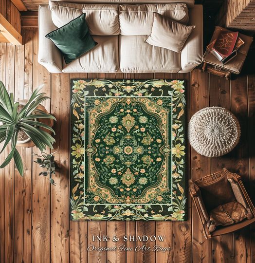 Ornate Emerald Green Accent Rug | Bohemian Style Cottagecore Area Rug Hippie Aesthetic Forest Green Detail Vibrant Color Bedroom Decor Retro