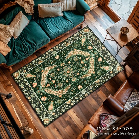 Discover Elegant Sea Green Area Rug | Classic Ornate Statement Rug with Fine Emerald Green Detail Peachy Accent Bohemian Aesthetic for Cozy Bedroom |