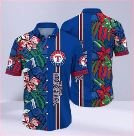 Texas Rangers Blue Stripe Tropical Hawaiian Shirt