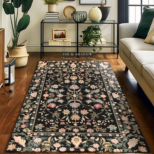 Ornate Baroque Pastel Florals Rug | Rococo Inspired Romantic Decor Vintage Botanical Aesthetic Cottagecore Bedroom Whimsical Elegant Accent