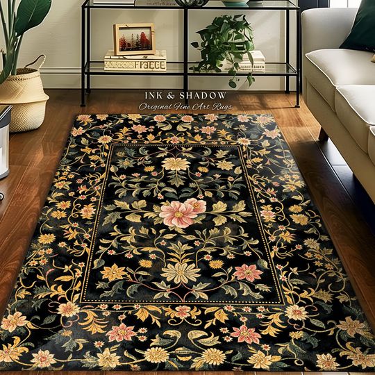 Ethereal Rose Housewarming Rug | Victorian Gothic Aesthetic Ornate Home Decor Whimsical Crowcore Rug Dark Academia Witchy Bedroom Floral |