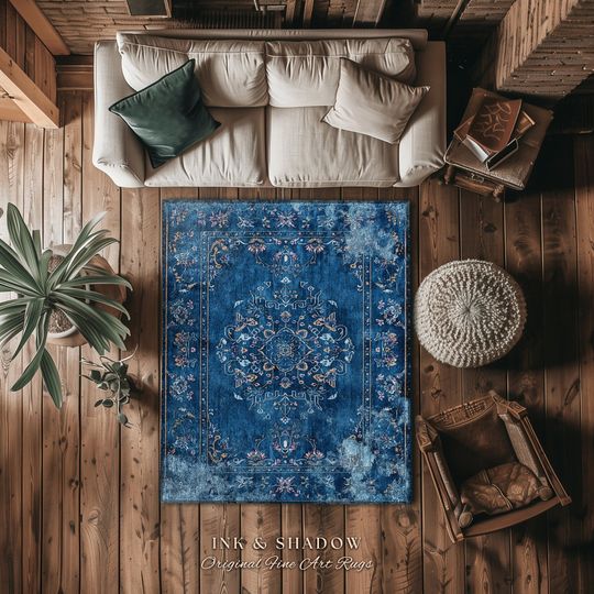 Discover Navy Blue Elegant Aesthetic Rug | Modern Living Room Indigo Home Decor Elegant Aesthetic Dark Cottagecore Royal Blue Bedroom Boho Floor Mat