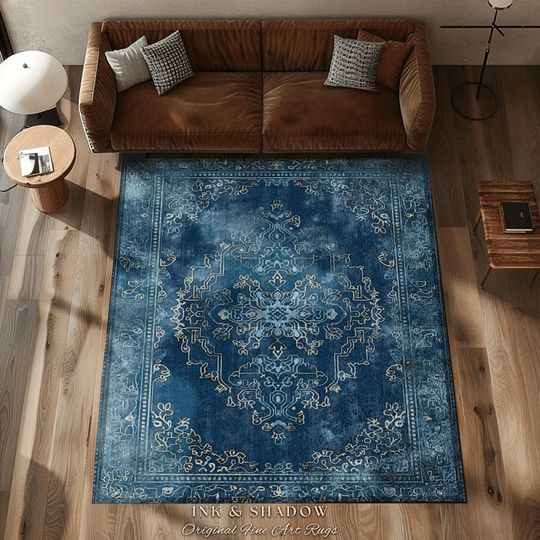 Royal Blue Living Room Rug | Living Room Indigo Home Decor Rustic Aesthetic Dark Cottagecore Bedroom Boho Floor Mat for Dining Room  Boho