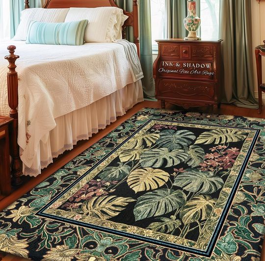 Discover Monstera Forest Maximalist Botanical Rug | Dark Cottagecore Woodland Houseplant Home Decor Rug Whimsigothic Home Decor Dark Academia Accent