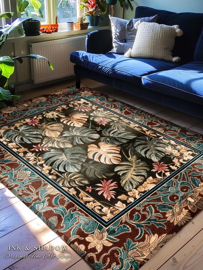 Discover Moody Monstera Area Rug | Enchanting Forest Tropical Houseplant Accent Rug Witchy Maximalist Home Decor Dark Academia Folklore Whimsical Art