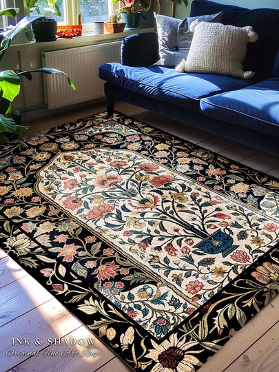 Prayer Rug Tree of Life Decor | Pastel Floral Aesthetic Common Room Home Decor Rustic Housewarming Gift Cottagecore Dark Floral Bedroom |