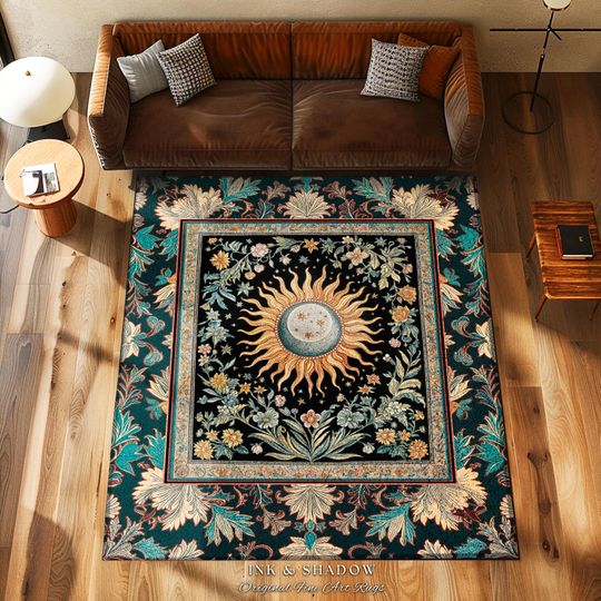 Discover Enchanted Zodiac Mystic Accent Rug | Celestial Gothic Tarot Inspired Astrology Bohemian Sun and Moon Witchy Maximalist Dreamy Home Decor |