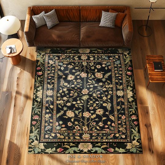 Discover Dark Academia Living Room Rug | Dark Floral Aesthetic Common Room Home Decor Rustic Housewarming Gift Cottagecore Dark Floral Bedroom Mat