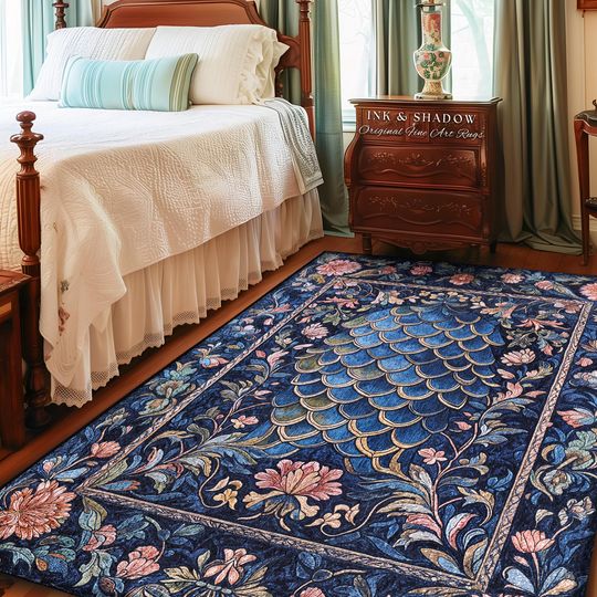 Discover Mystic Academia Dragon Scale Area Rug | Whimsigothic Elegance Ornate Baroque Navy Blue Aesthetic Fairytale Floral Home Decor Accent Rug Goth