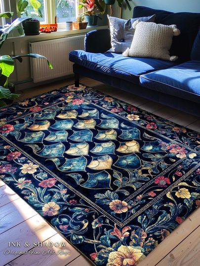 Discover Medieval Dragon Scale Victorian Rug | Dark Navy Blue Gothic Dark Academia Aesthetic Fairytale Home Decor Enchanted Ornate Whimsical Floral |