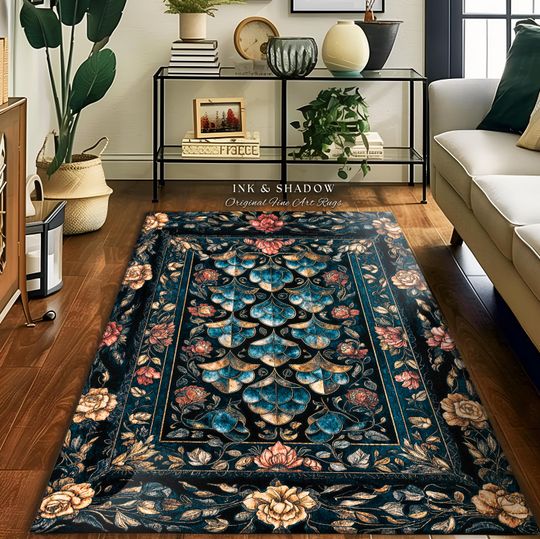 Discover Mystical Dark Dragon Scale Accent Rug | Goth Baroque Elegance Navy Blue Dark Academia Aesthetic Fairytale Floral Home Decor Ornate Area Rug