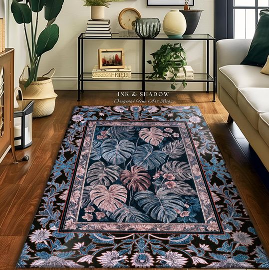 Cool Hues Eclectic Area Rug | Monstera Houseplant Decor Accent Rug Whimsical Gothic Aesthetic Home Decor Dark Academia Artwork Forestcore |