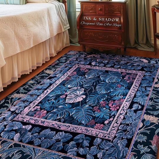 Discover Moody Forest Monstera Area Rug | Dark Woodland Fairytale Aesthetic Ornate Victorian Floral Houseplant Decor Whimsigoth Botanical Cool Colors