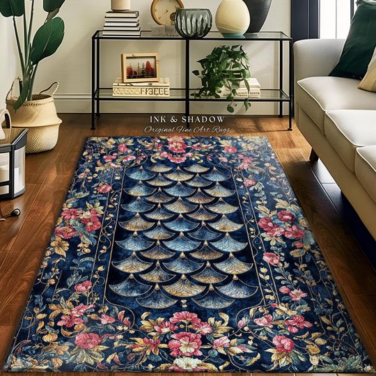 Ethereal Magic Floral Folklore Area Rug | Storybook Fairytale Dragon Scale Rug Medieval Wildflowers Home Accent Decorative Princesscore |