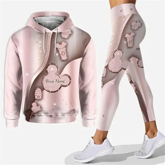 Discover Disney-Sweat à capuche imprimé Minnie Mouse pour femme, ensemble à capuche 3D, pantalon de yoga Minnie, leggings, mode décontrac
