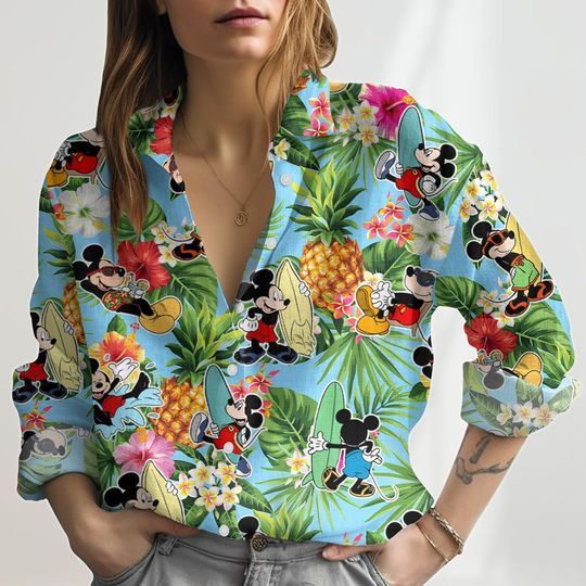 Mickey Aloha Look-Linen Shirt, Mickey Mouse Women Shirt, Beach Trip Casual Shirt, Disneyland Aloha Shirt, Minnie Mickey Button Shirt