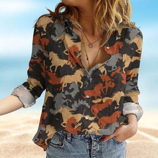 Retro Horses Blouse Women Shirt, Horse Trainer Shirt, Farmer Blouses Top Shirt, AnimalsButton Shirt, Equestrian Shirt, Farm Life Tee