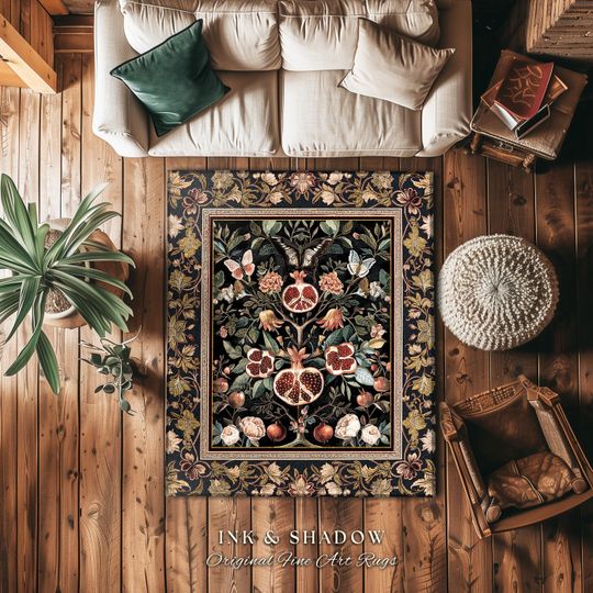 Victorian Gothic Floral Pomegranate Rug Dark Botanical Vintage Aesthetic Decor | Enchanted Forest Butterfly Moth Woodland Wildflower Art
