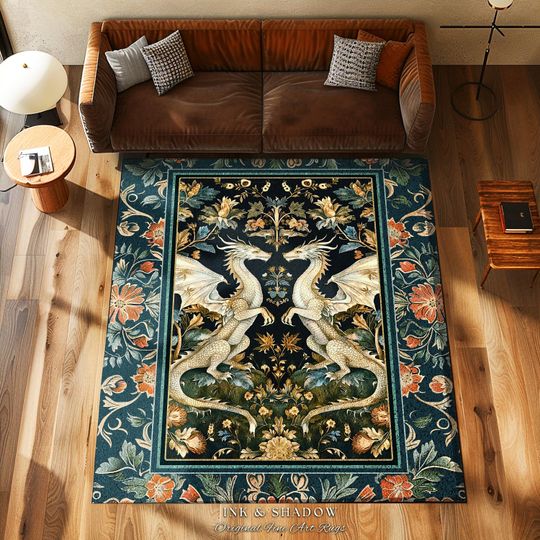 Antique Victorian Gothic Aesthetic Dragon Art Nouveau Rug | Whimsigoth Bedroom Fantasy Medieval Folklore Mythical Forestcore Enchanted Decor