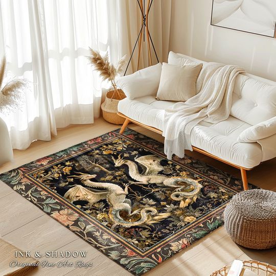 Discover Fantasy Inspired Dragon Rug Victorian Gothic Decor | Enchanted Medieval Dragon Lovers Light Academia Rug Whimsigothic Fantasy Art Mystic Rug