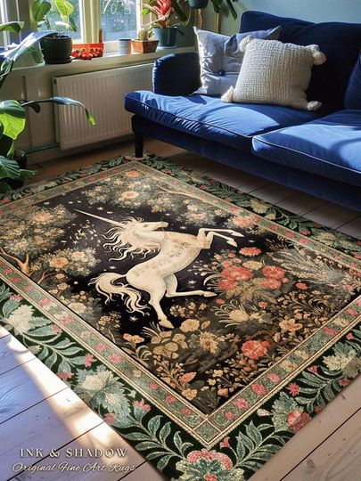 Mystical Folklore Unicorn Rug | Whimsical Room Decor Morris Inspired Cottagecore Aesthetic Pastel Floral Woodland Fairycore Area Rug Magical