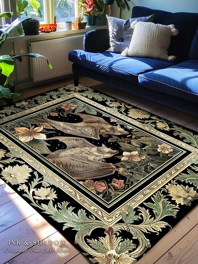 Cottagegoth Goblincore Bat Lovers Rug Gothic Cottagecore Decor | Dark Woodland Bat Art Ethereal Botanical Rug Boho Grunge Fairycore Decor
