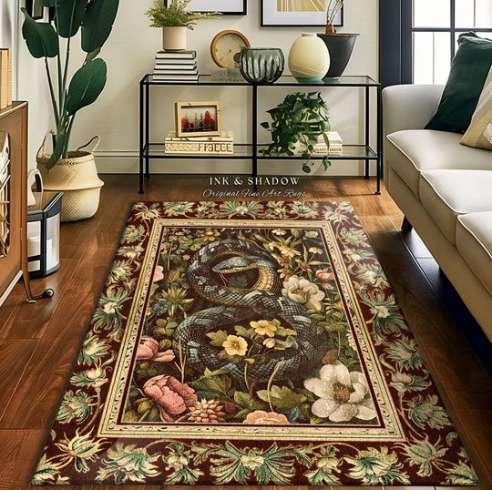Discover Soft Cottagecore Serpent Art Enchanted Forest Floral Snake Rug | Woodland Fairycore Goblincore Decor Whimsical Wildflower Nature Area Rugs