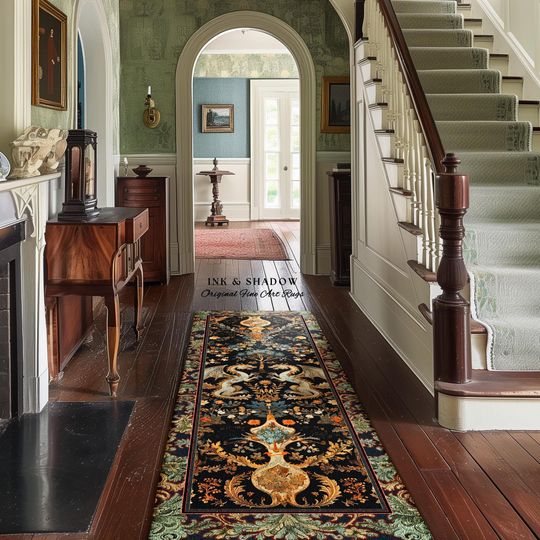 Ornate Baroque Art Nouveau Inspired Dragon Runner Folklore Decor | Antique Aesthetic Maximalist Fantasy Home Statement Art Piece Rococo Rug