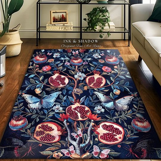 Moody Dark Botanical Pomegranate Art Rug Victorian Nouveau Butterfly Forestcore, Mystic Woodland Whimsigothic Fruit Enchanted Forest Florals