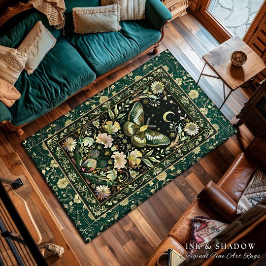 Discover Dark Green Cottagecore Moth Rug Ethereal Botanical Fairycore Decor | Moonlit Garden Boho Butterfly Art Floral Moth Rug Nature Lovers Gift