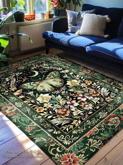Discover Boho Botanical Moth Rug Floral Grunge Fairycore Room Decor, Woodland Gothic Moon Butterfly Forest Green Forestcore Celestial Cottagecore Rug