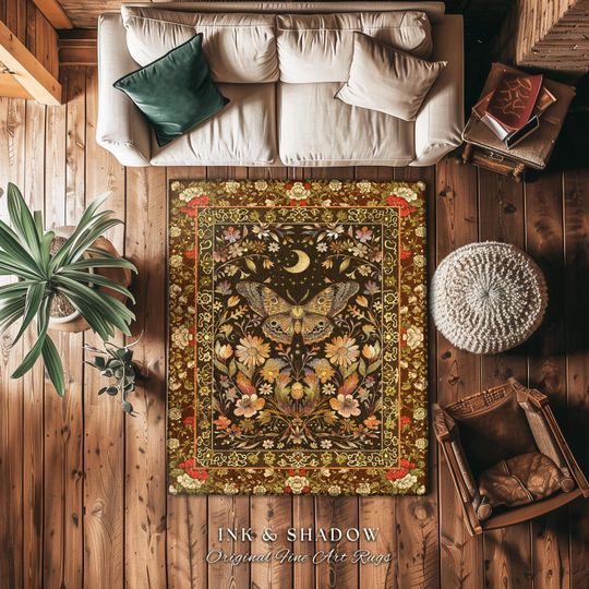 Discover Vintage Floral Woodland Gothic Moth Moon Celestial Rug Rustic Country Cottage, Mystic Fairycore Shabby Chic Butterfly Botanical Cottagecore