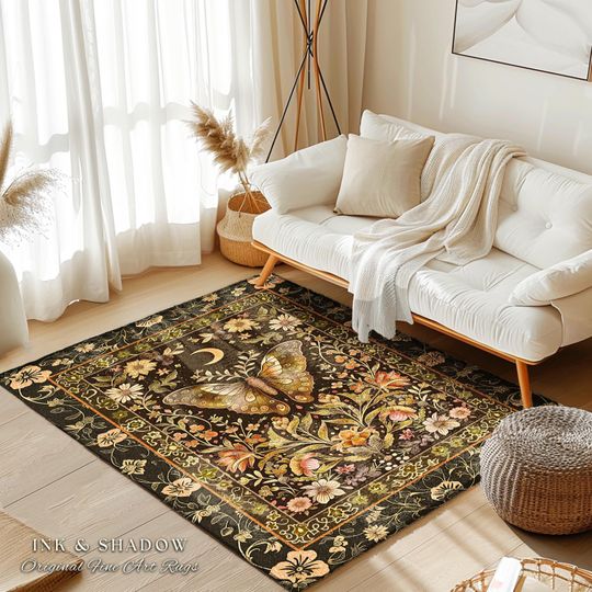 Discover Whimsical Moth Rug Soft Cottagecore Rustic Home Decor | Mystic Floral Butterfly Aesthetic Moth Rug Bohemian Fairycore Gift for New Homeowner