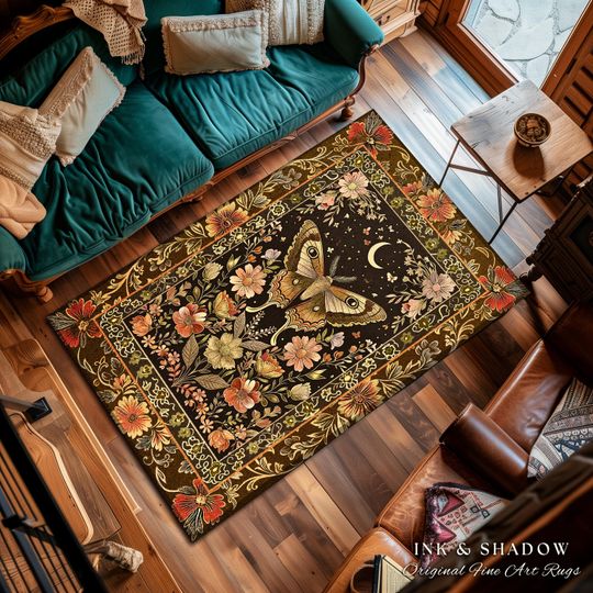 Discover Rustic Floral Cottageore Moth Rug Vintage Aesthetic Fairycore Decor, Dark Academia Botanical Butterfly Woodland Gothic Whimsy Wildflower Rug