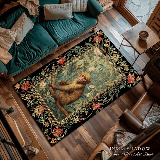 Pastel Botanical Monkey Rug | Woodland Gothic Room Decor William Morris Monkey Cottagecore Antique Aesthetic Dark Fairycore Bedroom Art