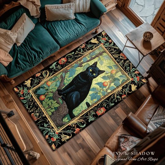 Dark Academia Black Cat Rug | Floral Bedroom Decor William Morris Inspired Cottagecore Reading Corner Rug Dark Fairycore Room Dark Woodland