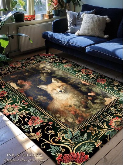 Discover Elegant Floral Fox Rug | Ornate Room Decor William Morris Inspired Forest Rug Fairycore Boho Bedroom Rug Ethereal Decoration Cottagecore