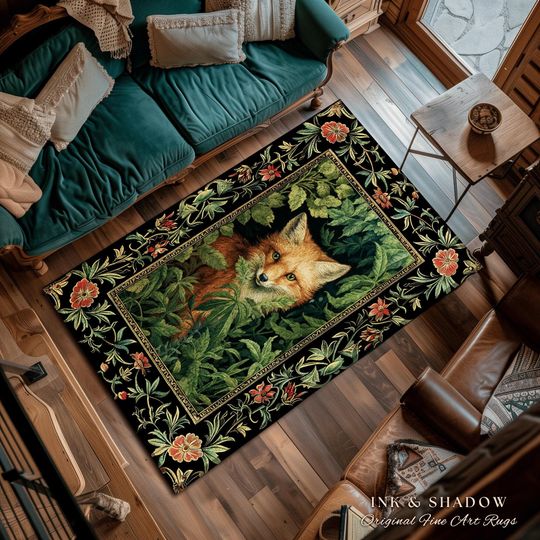 Ethereal Fox Rug Botanical | Cottagecore Room Decor William Morris Inspired Forest Aesthetic Fairycore Boho Bedroom Rug Ethereal Decoration