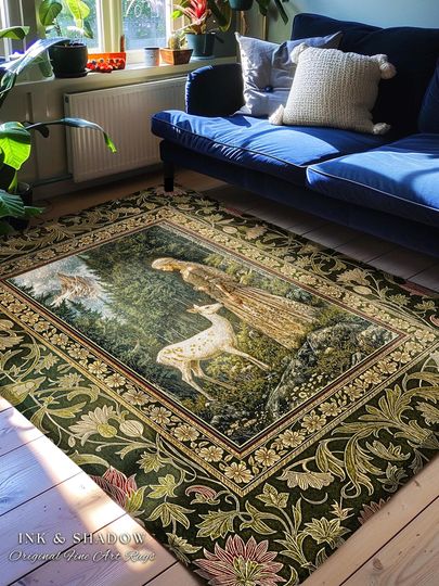 Discover Whimsy Woodland Goddess Rug | Elegant Fairytale Accent Rug Victorian Botanical Princess Mystic Deer Forest Spirit Ethereal Bedroom Artwork |
