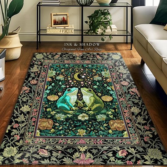 Discover Cute Cottagecore Frog Couple Area Rug | Fairycore Home Accent Flower Decorated Nature Aesthetic Goblincore Bedroom Mystical Whimsical Style