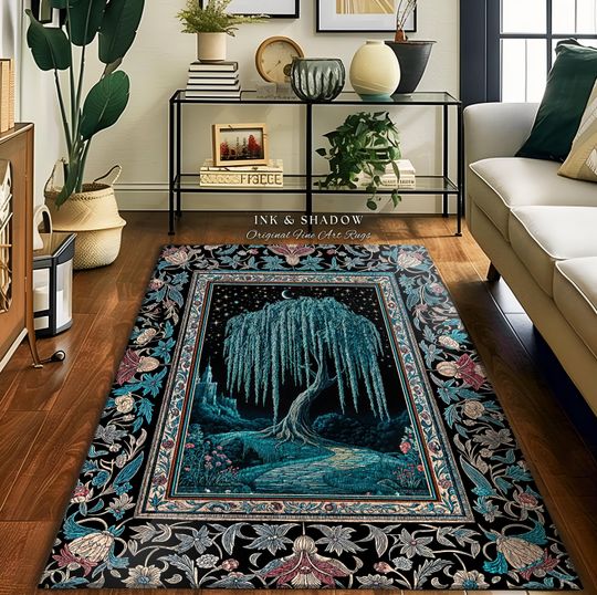 Discover Mystic Weeping Willow Accent Rug | Moonlit Castle Moody Starry Night Woodland Folklore Fantasy Dark Academia Area Rug Decor Dreamy Style |