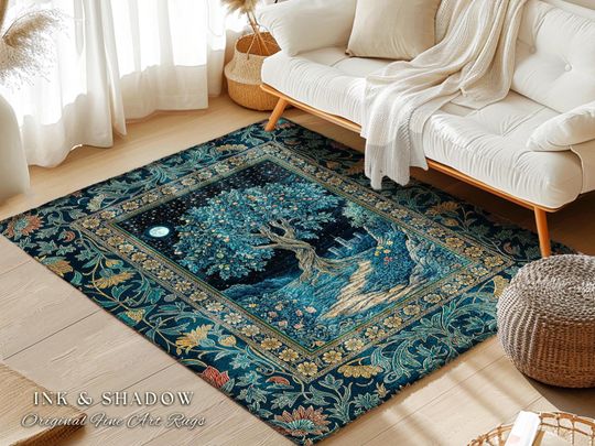 Enchanted Woodland Path Area Rug | Dreamy Moonlit Medieval Garden Decor Celestial Willow Tree Fantasy Style Gothic Home Accent Fairycore |